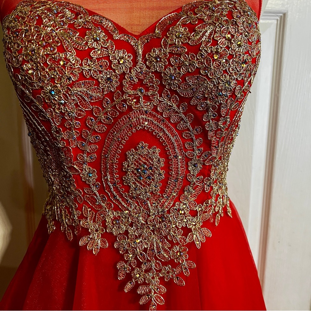 New Babyonline Wms Red Gold Floral Appliqué Embroidery Fit&Flare‎ Party Dress XS - Picture 4 of 13